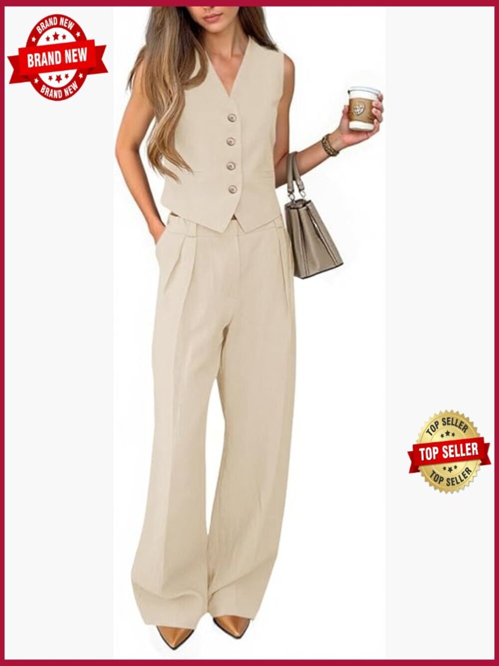 Women's 2 Piece Pantsuit Set - Crop Vest Blazer & Wide Leg Pants - Solid